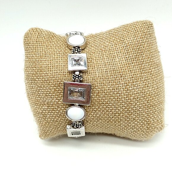 Lia Sophia Clear Cut Crystals Mother of Pearl Textured Links Rhodium Bracelet - Picture 6 of 14